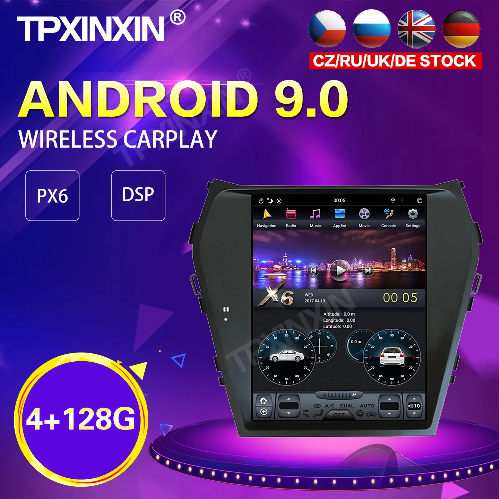 

PX6 Android 9.0 4+128GB Tesla Style Car Radio For Hyundai Santa Fe ix45 2013-2018 GPS Navi Stereo Recoder Head Unit DSP Carplay