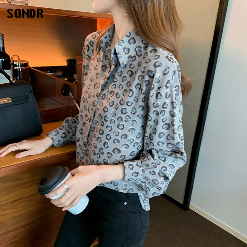 

New 2021 Spring Summer Design Niche Shirt Female Dot Printing Gray Long-Sleeved Chiffon Shirt Vintage Hong Kong Style Shirt Tops