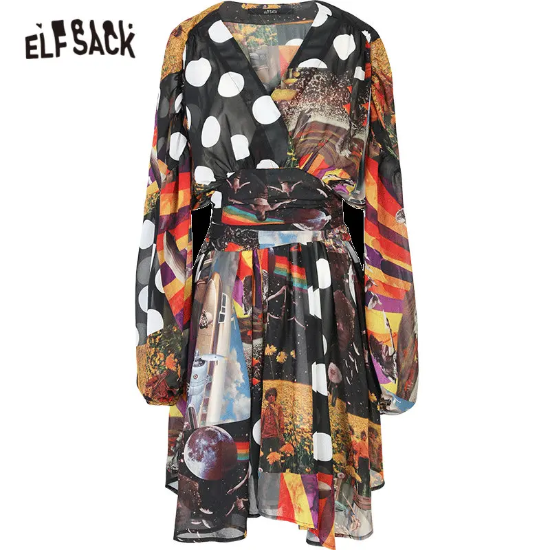 

ELFSACK Multicolor Retro Print Polka Dot Casual Women Dress 2020 Spring New Patchwork Long Sleeve Korean Ladies Holiday Dresses