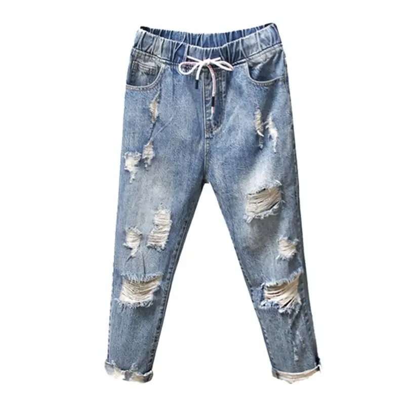 

Summer New Korea Fashion Women Ripped Jeans Plus Size Elastic waist Vintage Loose Blue Jeans Casual Denim Harem Pants S510