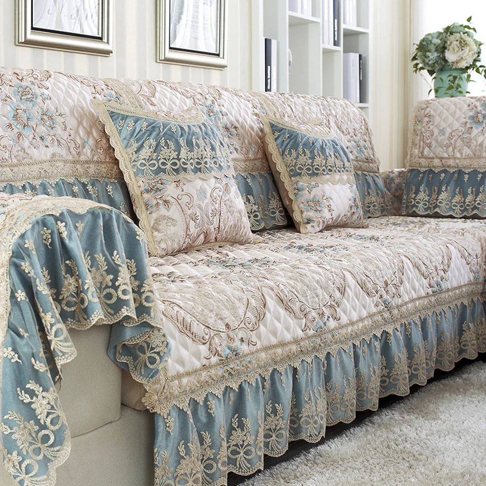 

Luxury Royal Sofa Cover Cotton Linen Slipcover Light Blue Jacquard Lace Sofa Towel Cushion Backrest Pillow Case Combination Kit