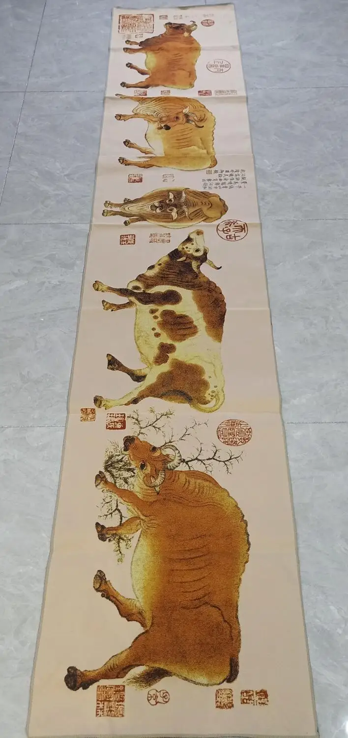Китайская народная шелковая вышивка, супер размер 3 м, с пятью быками, танга, роспись
