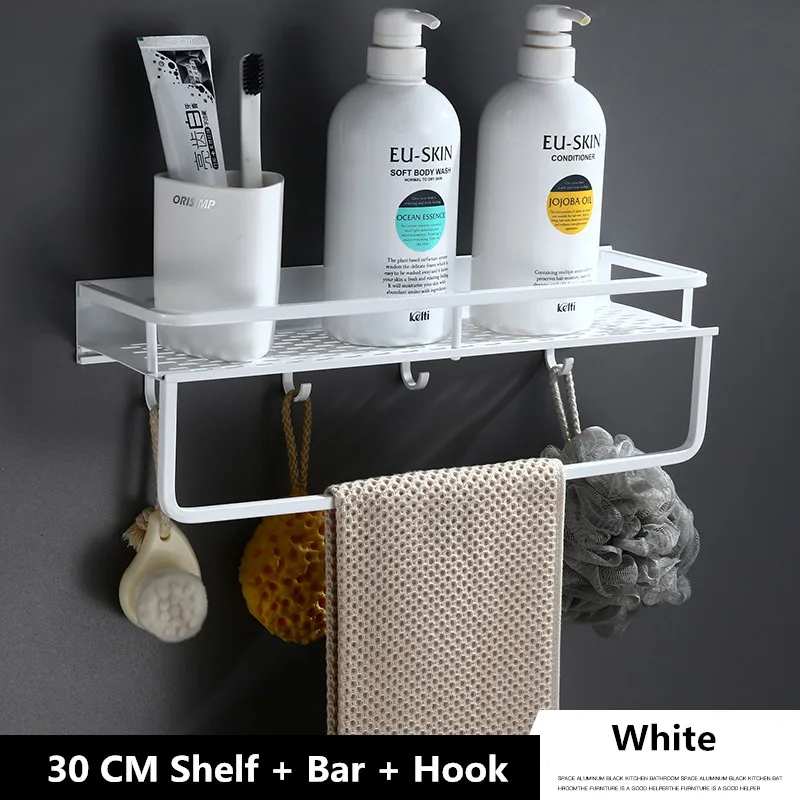 30cm and Bar Hook Белая полка для ванной комнаты, Алюминиевая душевая корзина, угловые полки для ванной комнаты, держатель для шампуня, кухонная стойка для хранения, аксессуары - Цвет: 30cm and Bar Hook