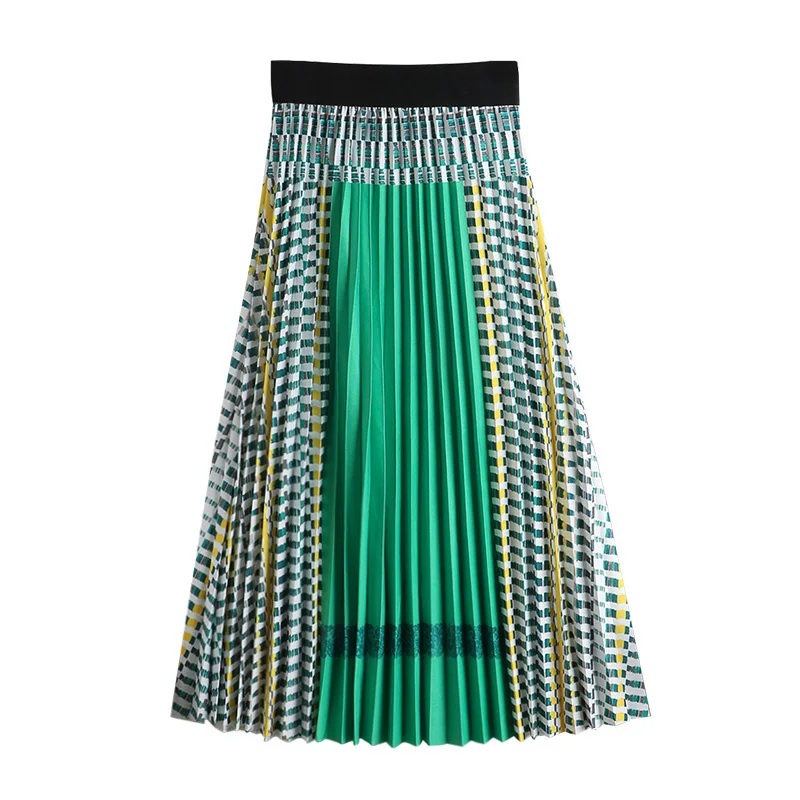 

Summer new high waist slim A-line large swing pleated contrast splicing medium length skirt women's skirt t244