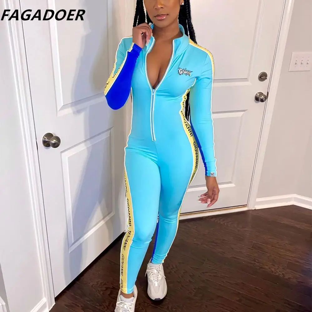 

FAGADOER Stripe Letter Printting Patchwork Jumpsuit Zipper Bodycon Overalls Women Moto Biker Sporty One Piece Playsuits 2021