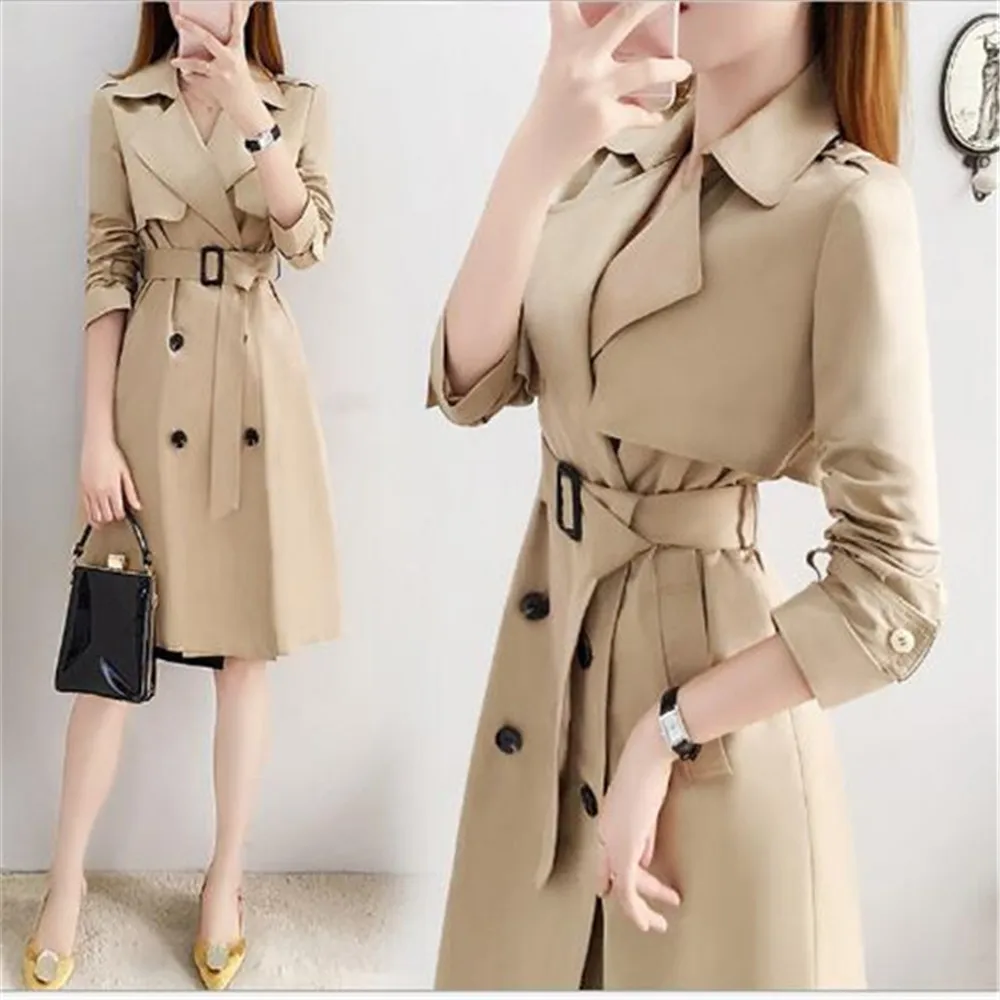 

2021 New Temperament Trench Coats Waist Women's Jacket Windbreaker Mid-length Khaki Overcoats