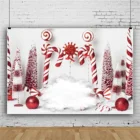 Фон для вечерние съемки с изображением белого зимнего снега рождественского праздника елки конфет леденцов шара вечеринки