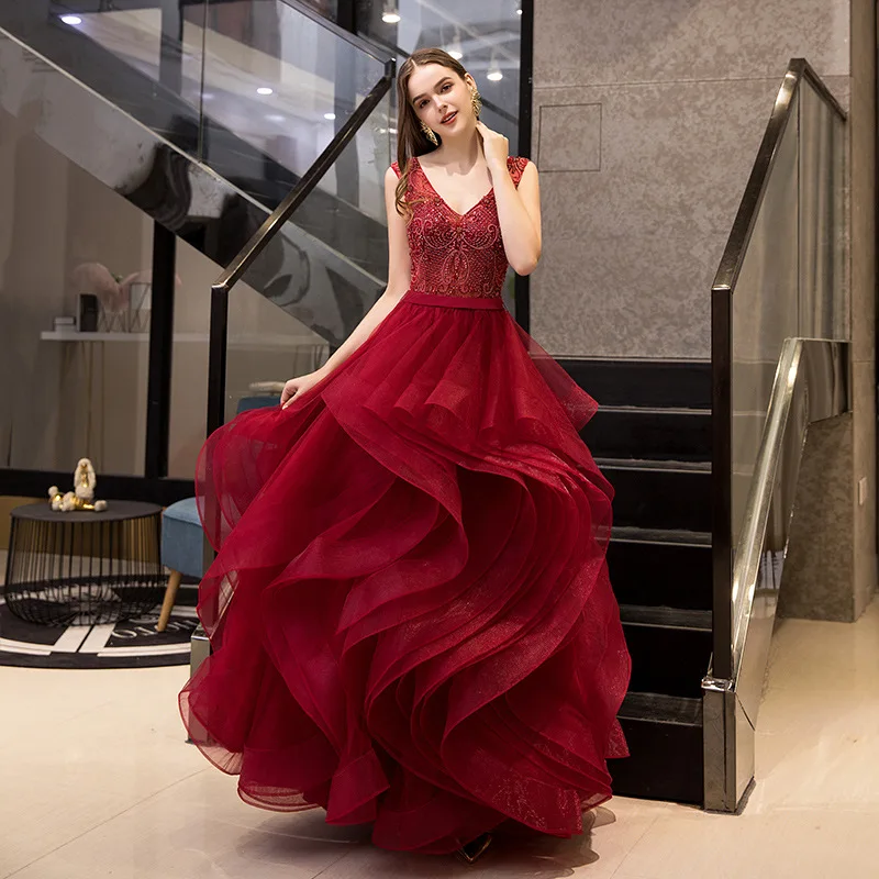 Элегантное бальное платье бордового цвета вечерние платья с бисером и оборками