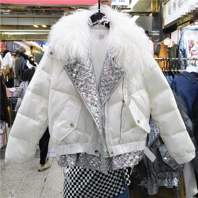 

2021 Winter New Big Fur Collar Loose Thick Cotton-Padded Coat Girls Stitching Sequined Glossy Down Cotton Parka Coats for Women