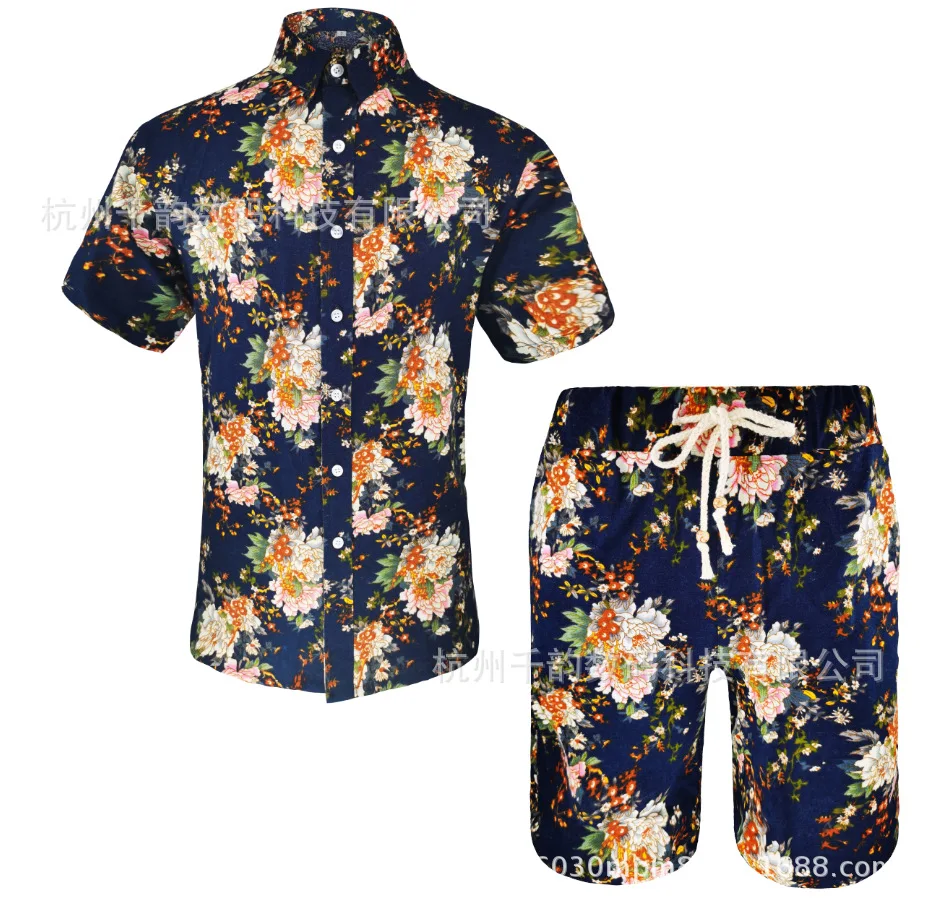 

2020 new fashion men's loose national style short sleeve shirt and Shorts Set
