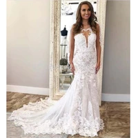 sexy mermaid elegant wedding dress 2021 sleeveless lace appliques backless bride dresses with sweep train vestidos de noiva