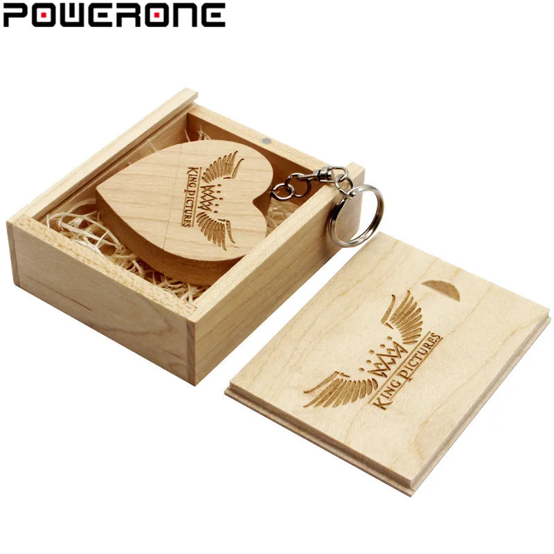 Usb флеш накопитель POWERONE деревянный в форме сердца с коробкой 64/32/16/8/4 ГБ|usb with box|heart