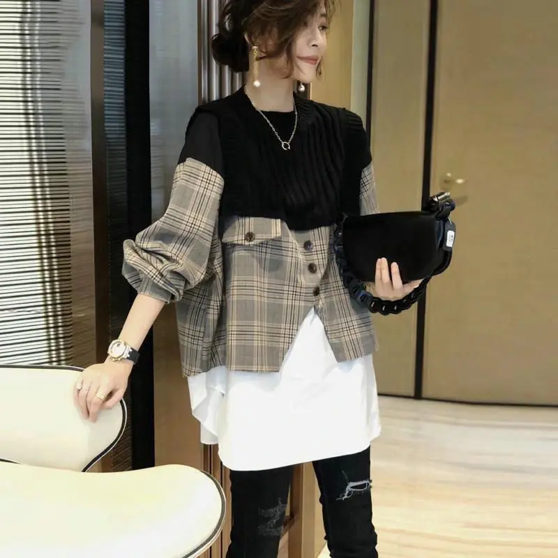 2021 Spring Fashion Office Lady Blouse Round Neck Long-sleeved Minimalist Patchwork Knit Plaid Pullover Loose Shirt