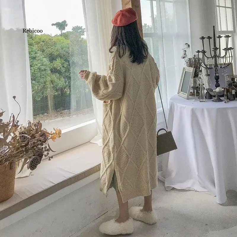 

Women's Long Cardigan Sweater Autumn Winter Thick Fluffy Sweaters Loose Buckle Over Knee Knitwear