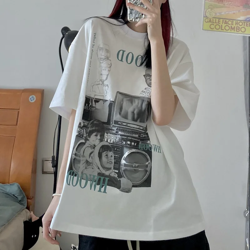 

2021 Summer Women's Oversize T-Shirt Loose Print Short Sleeve Top Personalized Hip Hop Tshirt Versatile Couple's Clothes