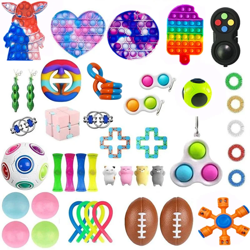 44pcs Push Bubble Fidget Toy set Pressure Relief Pad Grip Ring Squeeze Bean Rainbow Magic Squishy Ball Sensory Toy for Autism