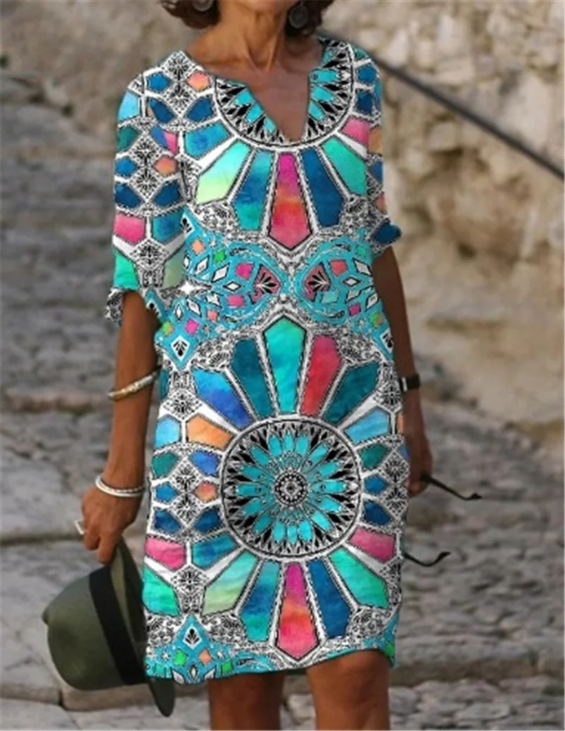 

Women Summer Short Sleeve Cotton Linen Dress Vestido Robe Kaftan Femme Vintage V neck Floral Printed Party Sundress