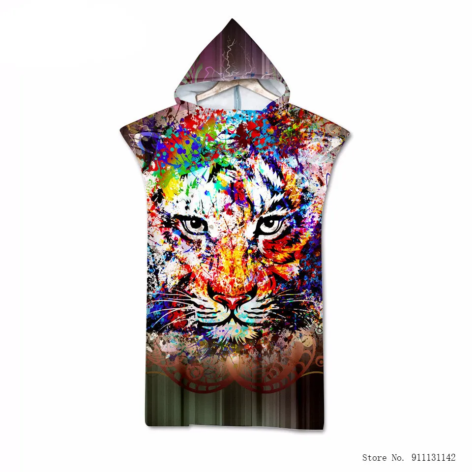 

Stylish Geometric Painted Animal Wolf Tiger Double-sided Printed Bath Towel Big Hood Swimming Surfer Beach Portable Bathrobe