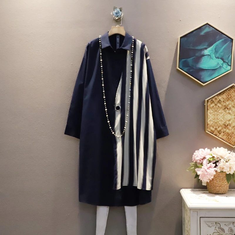 

SuperAen Лоскутная рубашка в Вертикальную Полоску с отложным воротником Осенняя Новинка простая мода свободного размера плюс платье до середи...