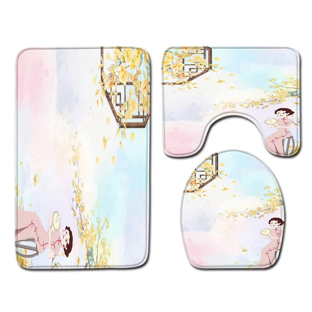 Zeegle Печатный коврик для ванной комнаты Набор душевой нескользящий фланель