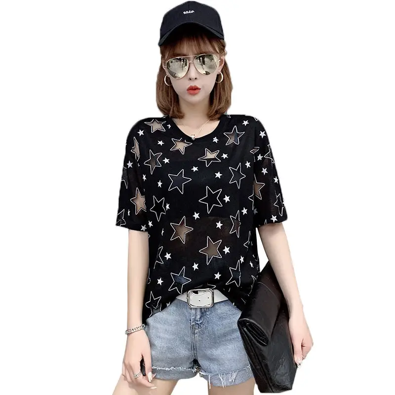 

Women's summer new fashion hollow out short sleeve loose T-shirt