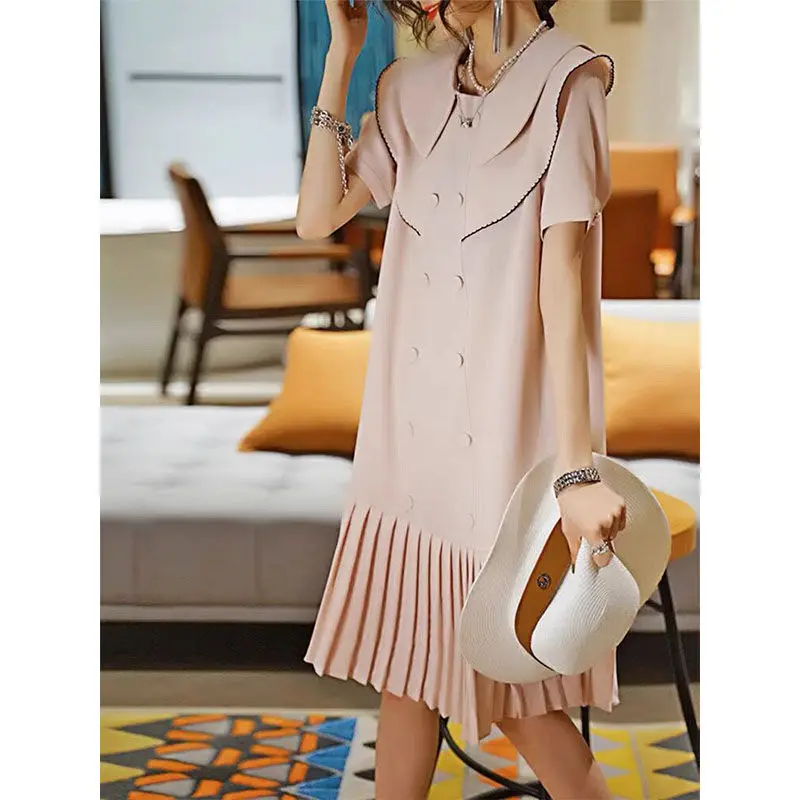 

Double-breasted long skirt 2021 summer new pleated skirt European doll collar age reduction dress "delivery within 15 days]
