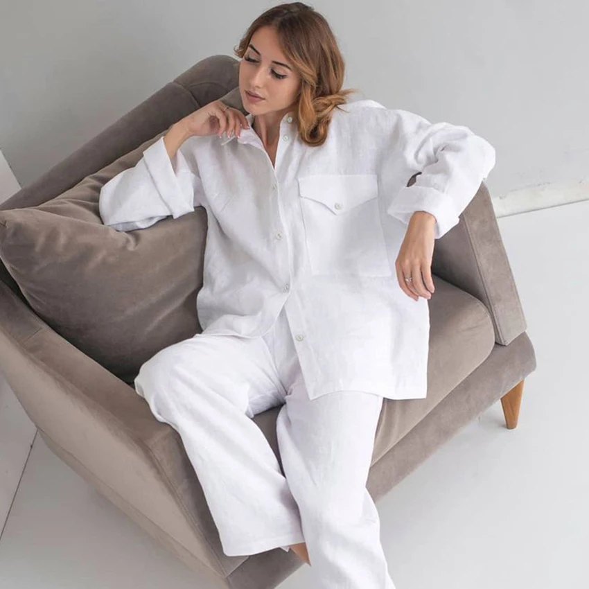 

Restve Cotton Home Suit For Women 2 Piece Set Loose Long Sleeve Turn Down Collar Top White Pajamas Female Sets With Pants Autumn