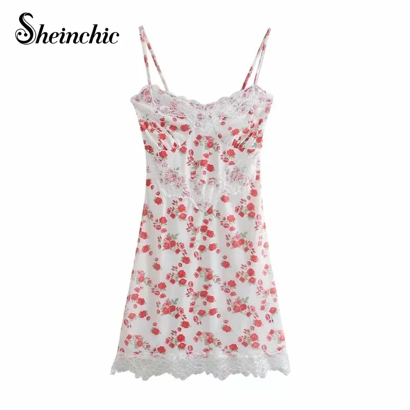 

Sexy Lace Patchwork Holiday V-neck Spaghetti Strap Woman Dress Summer Casual Elegant Floral Printed Mini Dresses for Women
