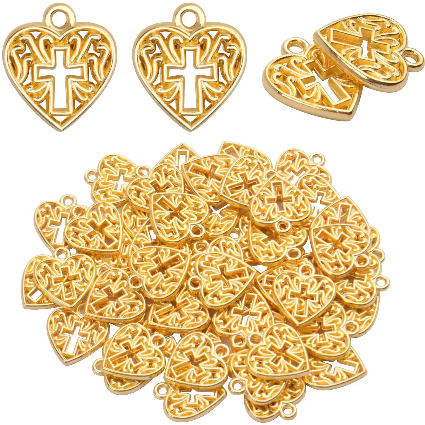 

Heart Cross Charms, 50 Pieces Alloy Metal Love Heart with Cross Charms Pendants for Making Bracelet Necklace - Gold