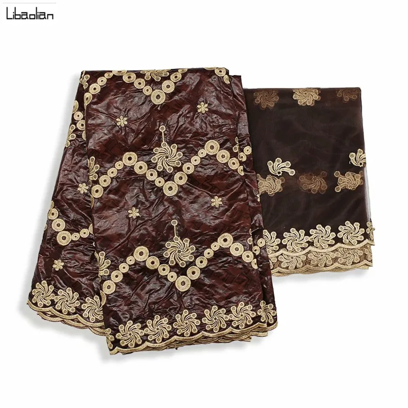 

African Green Fabric Bazin Riche Embroidery Brocade Fabrics With Mesh Lace Women Dress Party dresses Material 5+2yards KY27-20