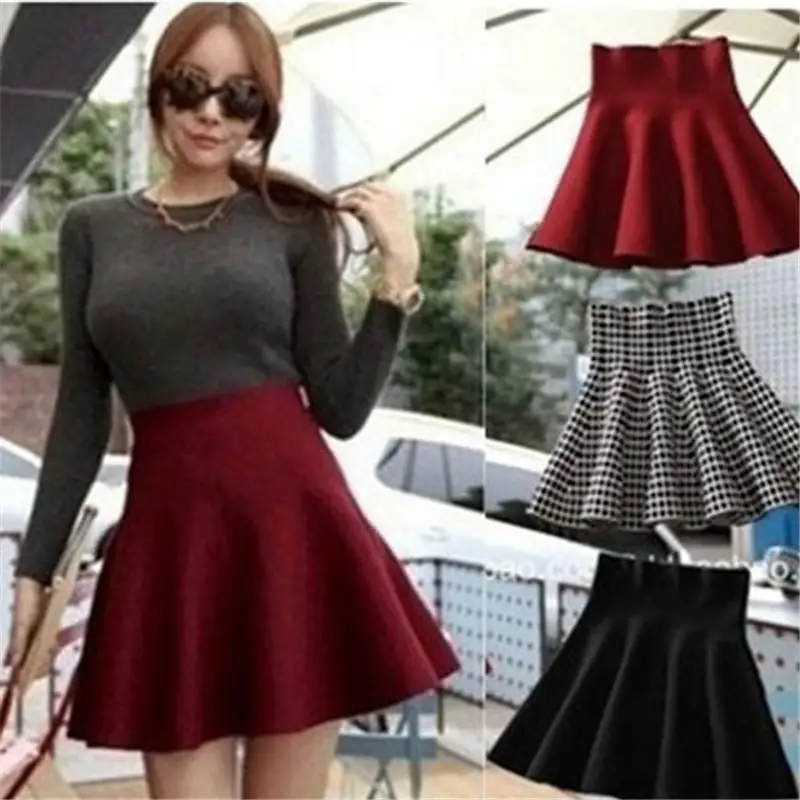 

Knitted Elastic High Waist Mini Skirt New Fashion Spring Woman Skirt Plus Size Pleated Flared Short Skirts Ladies For Woman