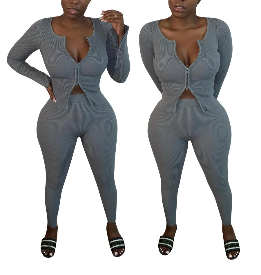 

Classic Fashion Gray Two Piece Set Women Fall Winter Clothes Long Sleeve Slim Crop Top High Waisted Trousers 2020 Wholesale