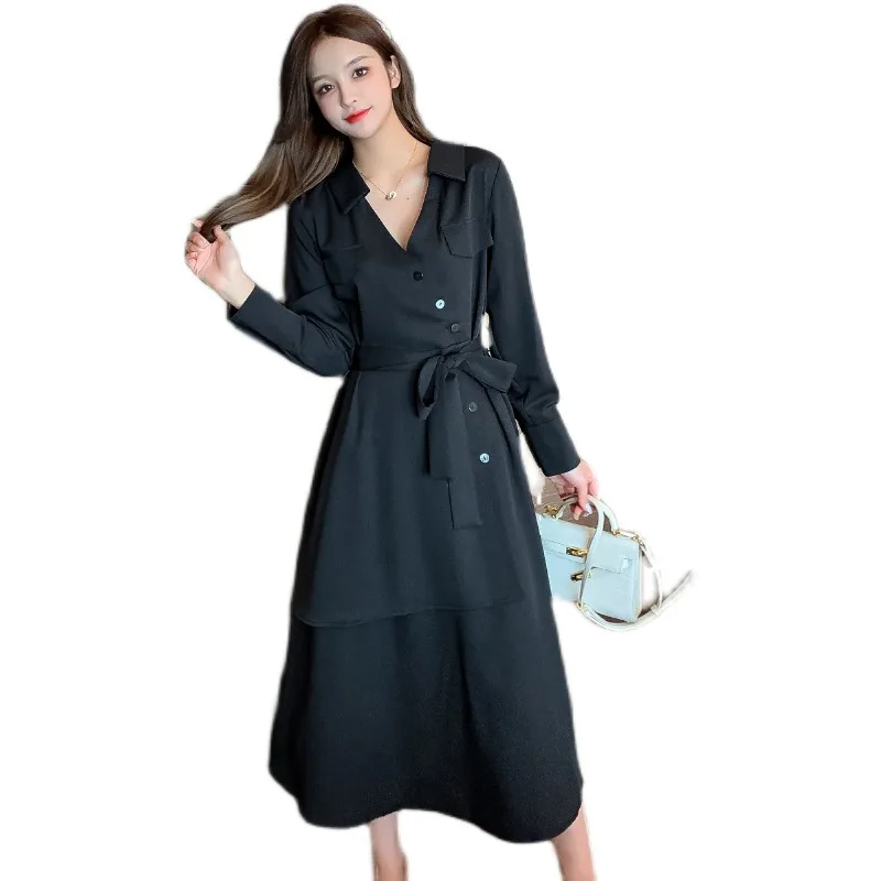 

2020 Autumn Spring Women Dress Soild French Retro Long Sleeve Silm Fashion Female Vintage Turn Down Collor Elegant Midi Dress