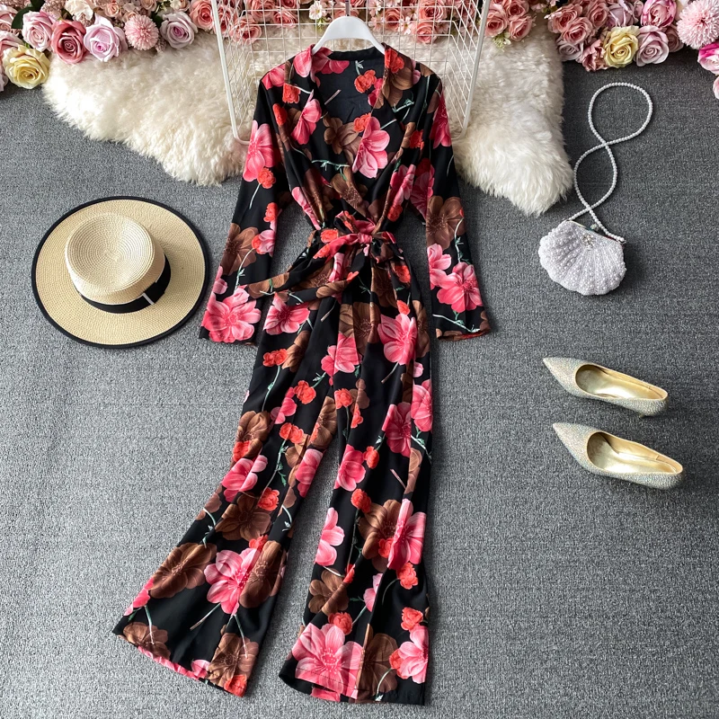 

Vintage V Neck Blazer Collar Women Bodysuits 2021 New Arrival High Waist Print Lacing Bow Playsuits Korean Office Lady Jumpsuits