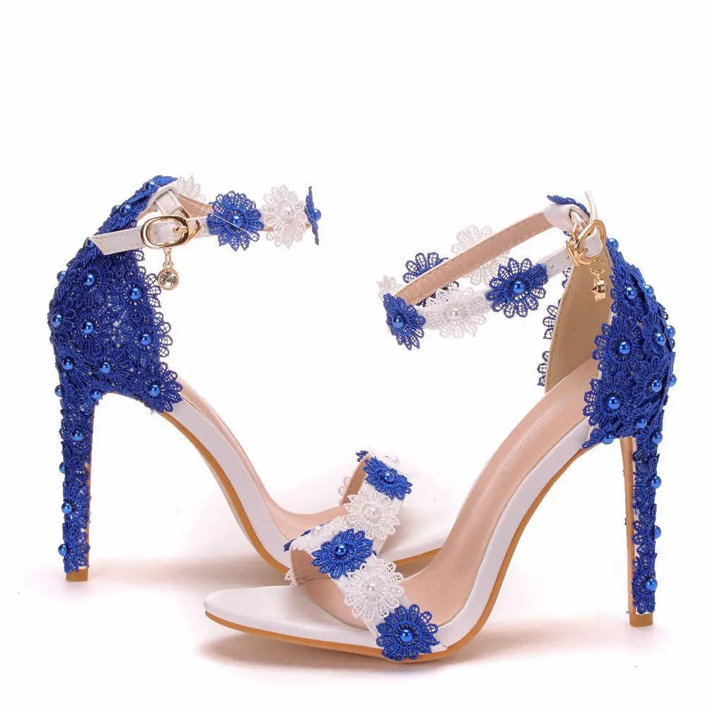 

Women Sandals White and blue Lace Stiletto fish mouth sandals High Heels Slender Bridal Pumps Wedding Shoes Peep Toes Buckle