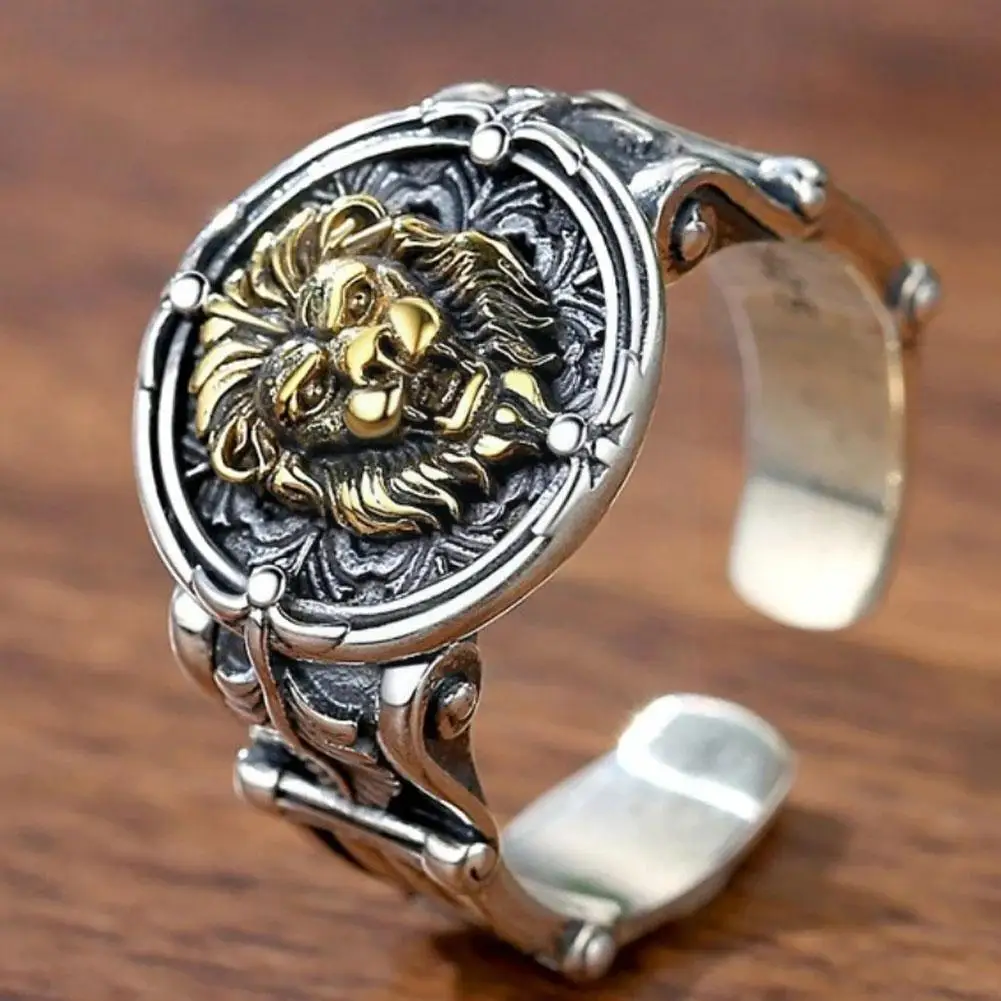 

Retro Silver Color Lion King Carving Relief Adjustable Men Leo Ring Open Gift Finger Jewelry Alloy Vintage Ring Decor