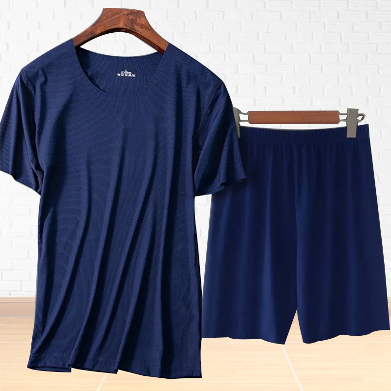

Men's Sets Short Sleeve Shorts Pajamas Summer Ice Silk Sleepwear Threaded Seamless Short-sleeved T-shirt Man Casual Home Clothes