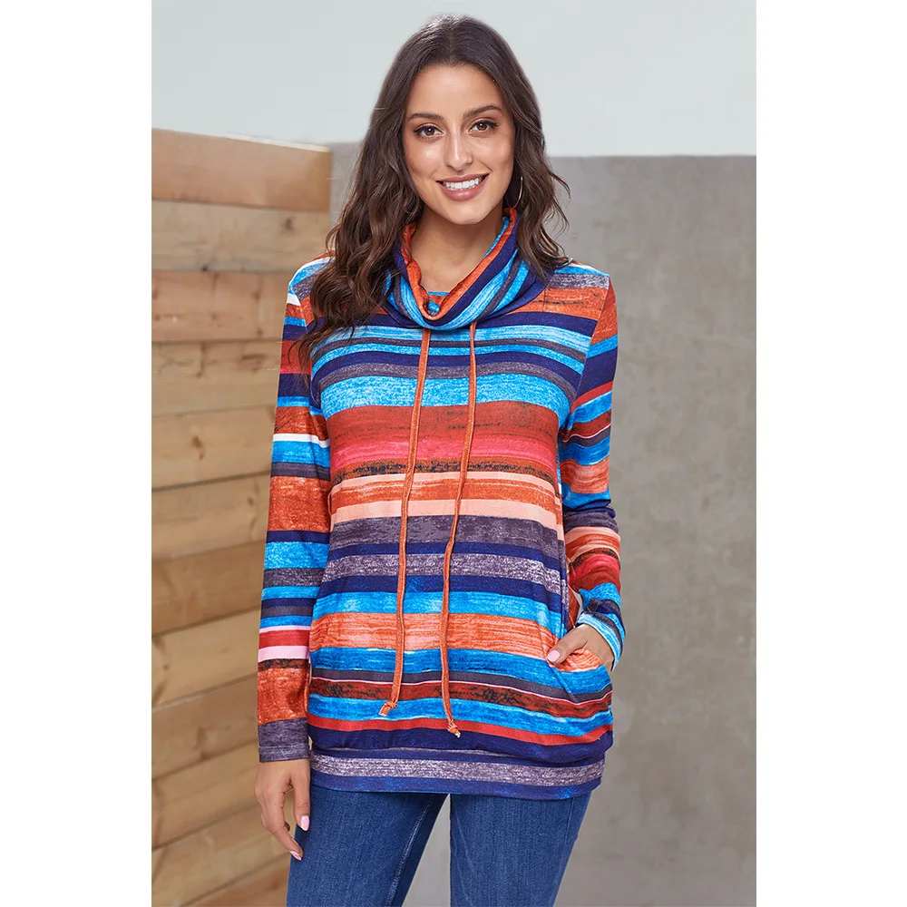 Turtleneck Sweater Women Autumn Winter Long Sleeve Striped Multicolor Casual Pullover Lace Up Knitted Tunic | Женская одежда