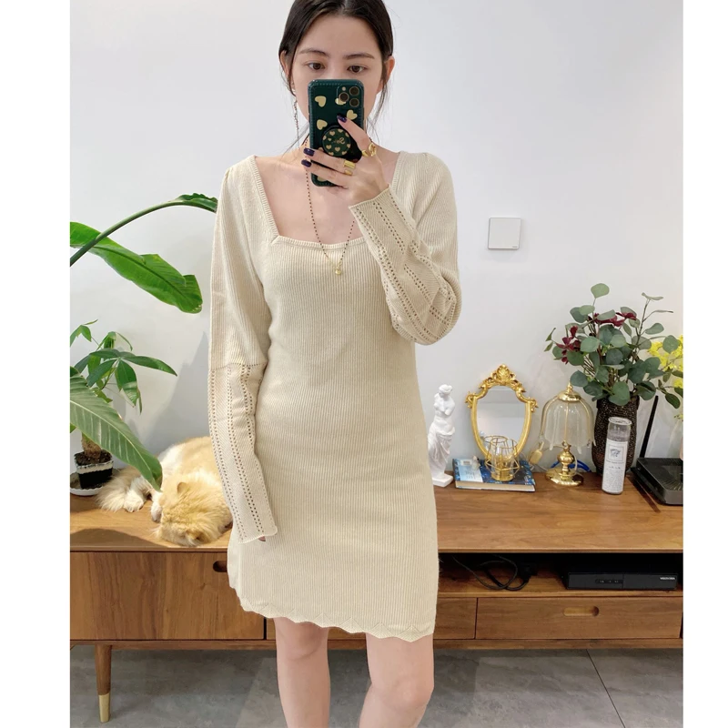 

Женское шерстяное трикотажное мини-платье с длинным рукавом и квадратным вырезом, Осень-зима 2021