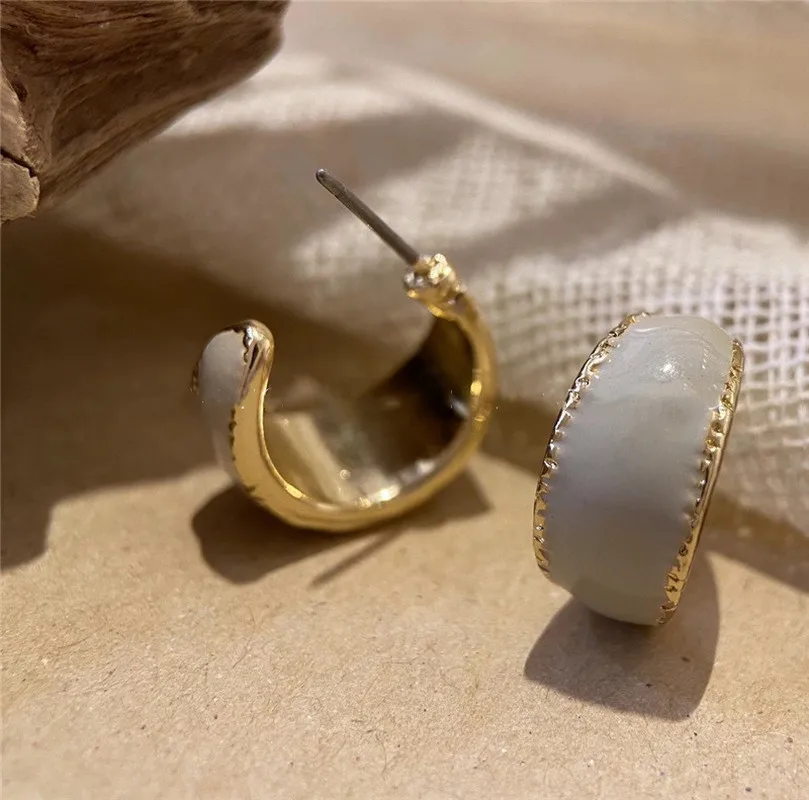 

Minar Vintage Coffee Green Grey Enamel C Shape Earrings for Women Gold Color Metal Geometric Open Hoop Earrings Retro Jewelry