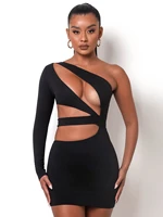 black long sleeve sexy hollow out one shoulder night club mini womens dress autumn winter celebrity evening party dresses