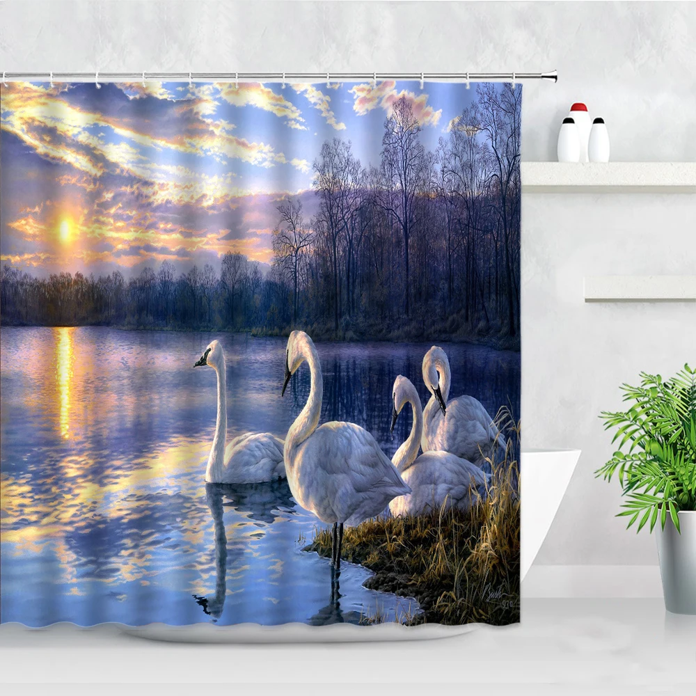 

Sunset White Swan Shower Curtain Forest Lake Water Oil Painting Art Scenery Fabric Bathroom Decor Screen Hooks Bath Curtains Set