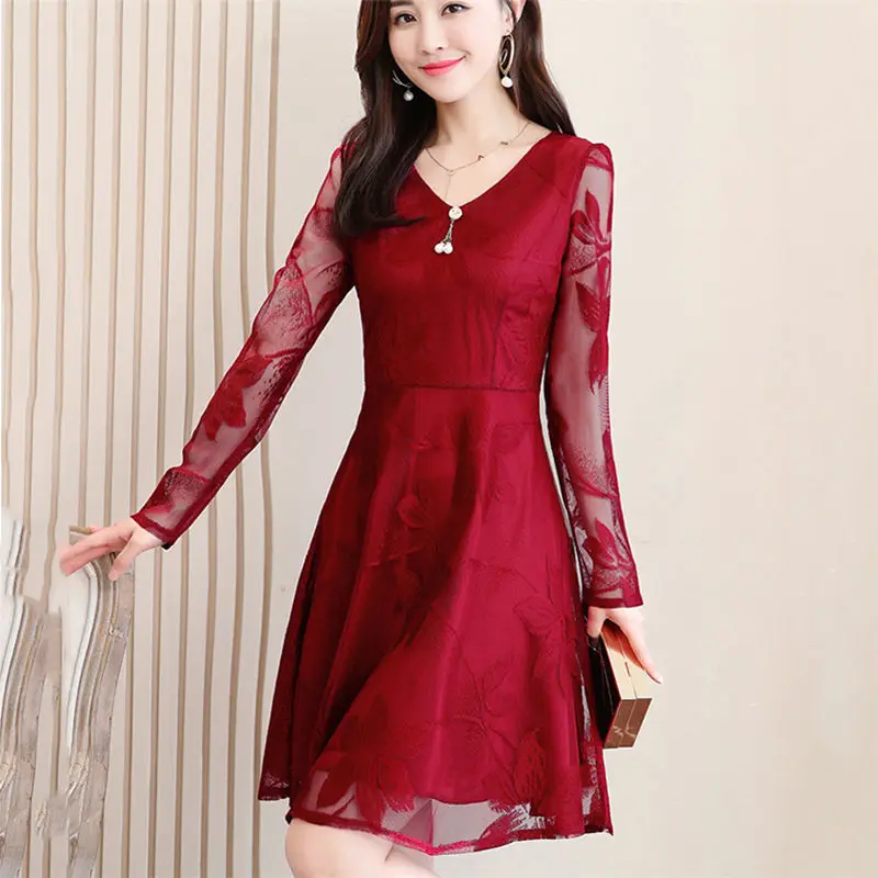LongWineRed Летнее женское кружевное мини-платье с длинным рукавом синего и розового цвета, большие размеры 5XL, новинка, богемное элегантное сексуальное Клубное платье с высокой талией, vestidos - Цвет: LongWineRed