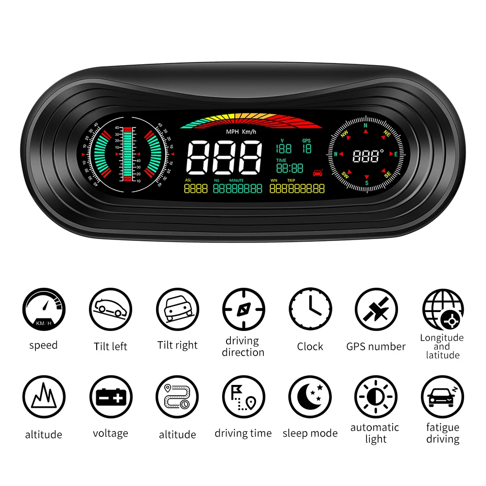 

P18 Car OBD2 HUD Head-Up Display SMART GPS SLOPE METER Speedometer Overspeed Warning Gauge Digital Multi-Function Alarm Tool