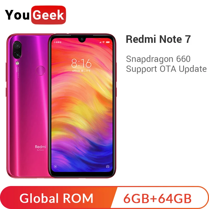 Смартфон Xiaomi Redmi Note 7 с глобальной прошивкой, 6 ГБ ОЗУ, 64 Гб ПЗУ, Восьмиядерный процессор Snapdragon 660, 4000 мАч, 48 МП, двойная камера, экран 6,3 дюйма