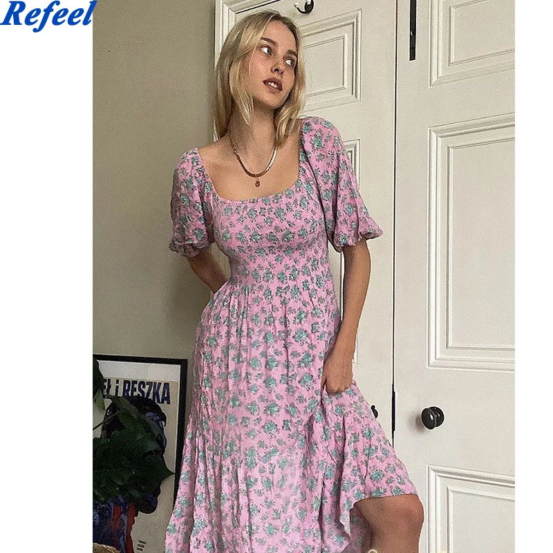 

Женское платье с рукавами-фонариками Za, синее Бандажное платье-миди с цветочным принтом и перекрестной спиной