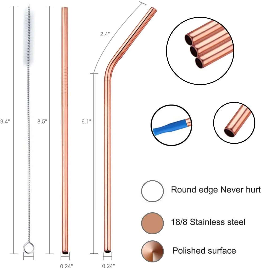 Розовое золото Цвет питьевой соломы Многоразовые металлические трубочки для