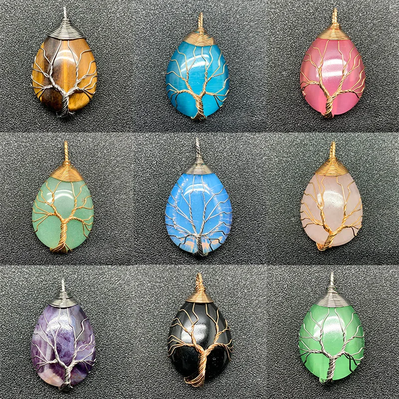 

Momiji 1PC Natural Stone Pendant Crystal Quartz Amethyst Tiger Eye Opal Tree of Life Shape Jewelry Accessories Gift Wholesale