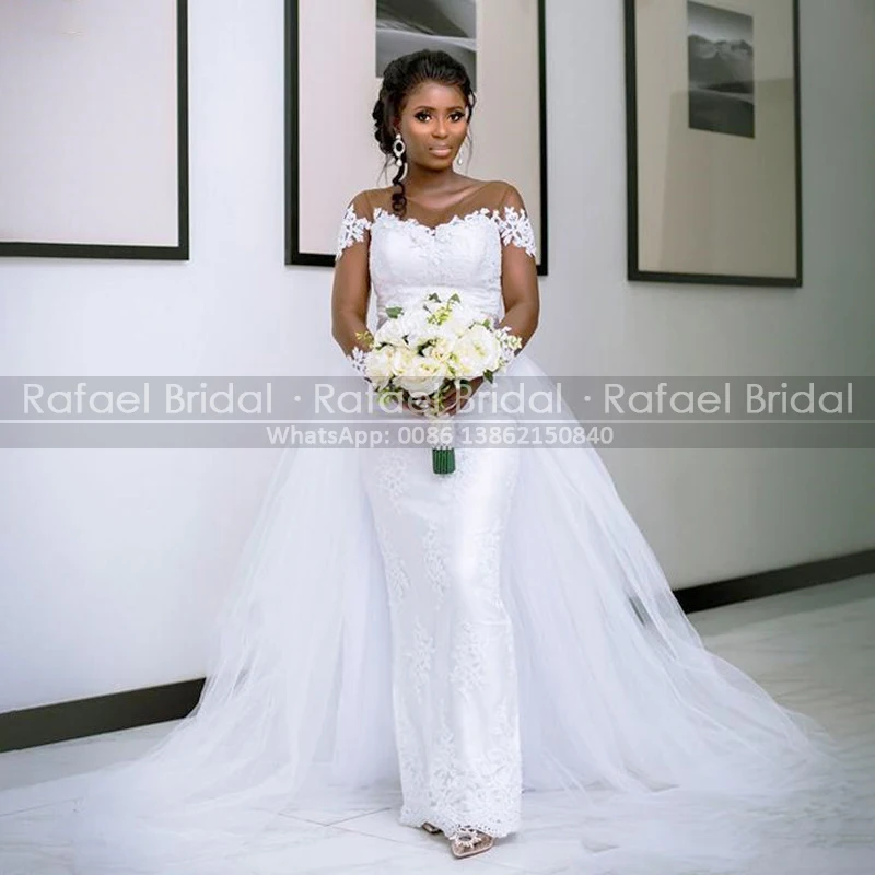 

White Lace Bohemian Wedding Dress Illusion 2021 Full Sleeves Sheer Scoop Neck A Line Bridal Dresses Sweep Train For Women