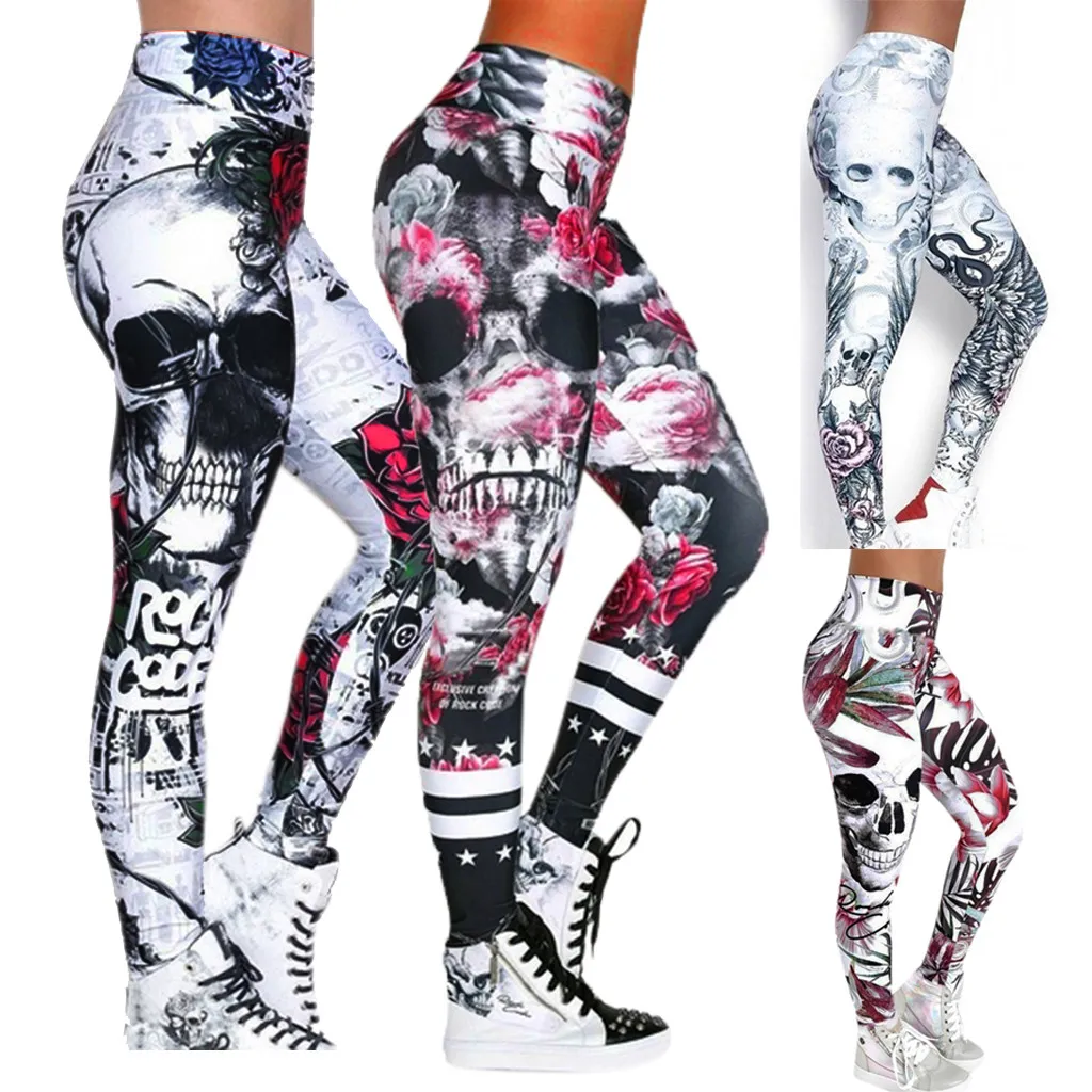

Plus Size 4XL Yoga Pants Ankle-Length Women Yoga Skull Printed Skinny Slim High Waist Yoga Leggings Sport Women Fitness Pants #E